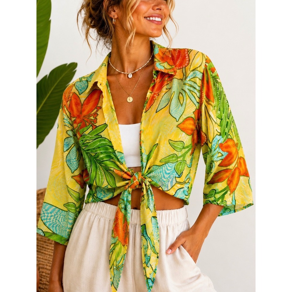 Banana Bay Sheer Tropical Tie Front Top Small Y2K Resort Floral Rayon